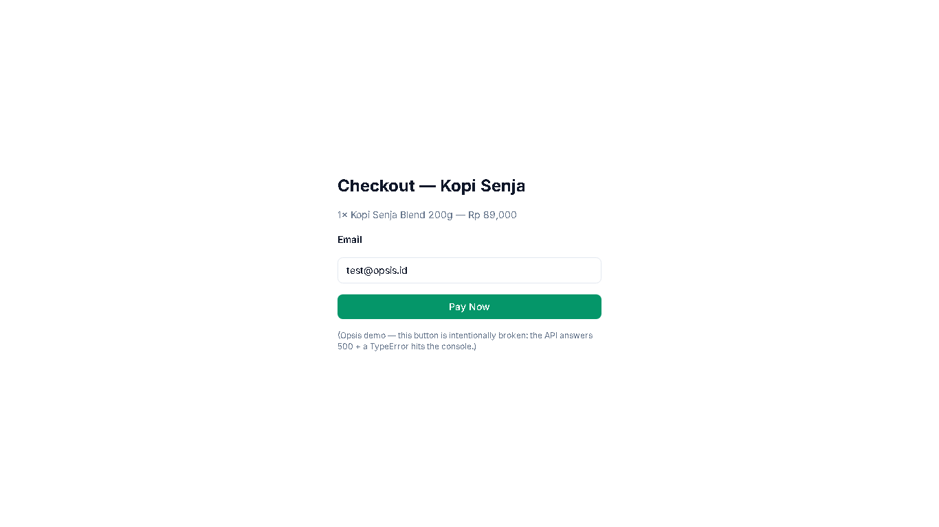 Opsis-reproduced bug: the demo store checkout stuck after a failed payment attempt (final screenshot)